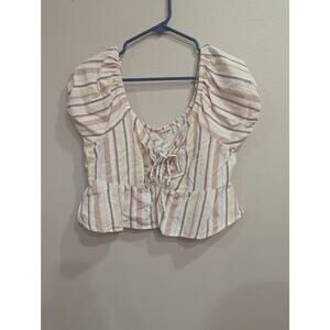 Women's pretty cropped peasant top w/neutral light stripes by Derrick Heart, XL
